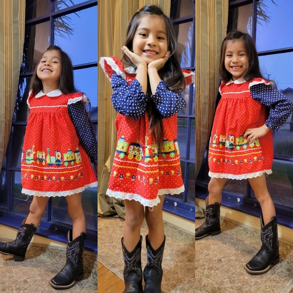 Vintage Other - VINTAGE 70S GIRLS TODDLER DRESS 4T TRAIN PRINT & POLKA DOTS